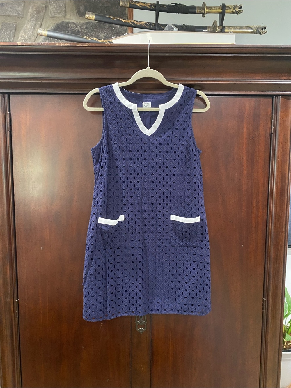 crown & ivy Navy Eyelet Sleeveless Shift Dress with White Trim